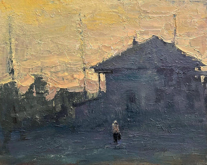 Textured oil painting of silhouetted village church by Volodymyr Pashchenko