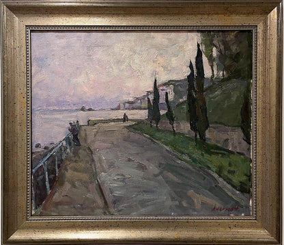 Framed Oil painting Embankment by Oleksandr Andreev, coastal cypress pathway
