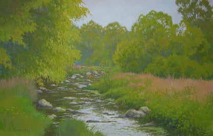Oil painting of serene river flowing through lush forest by Valery Savenets