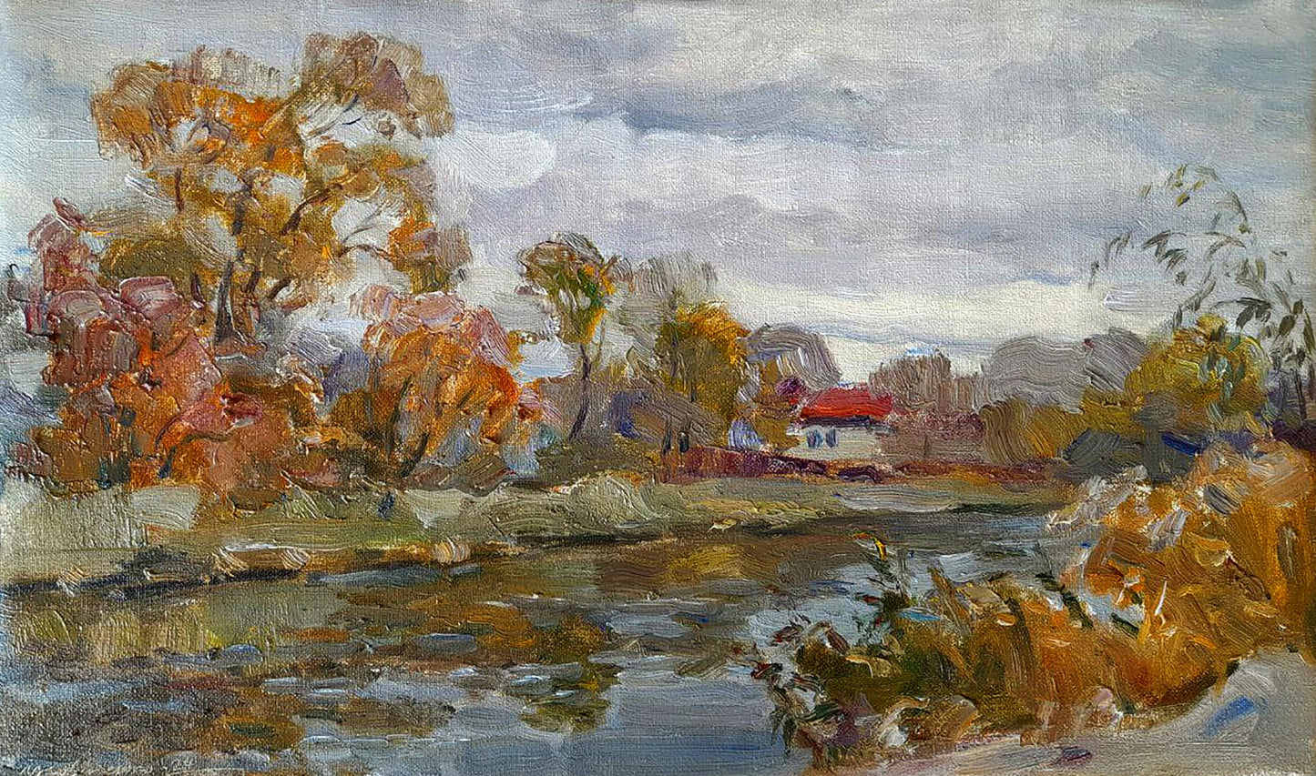 Oil painting Winding river in the forest by Ivan Kovalenko, autumn trees reflection