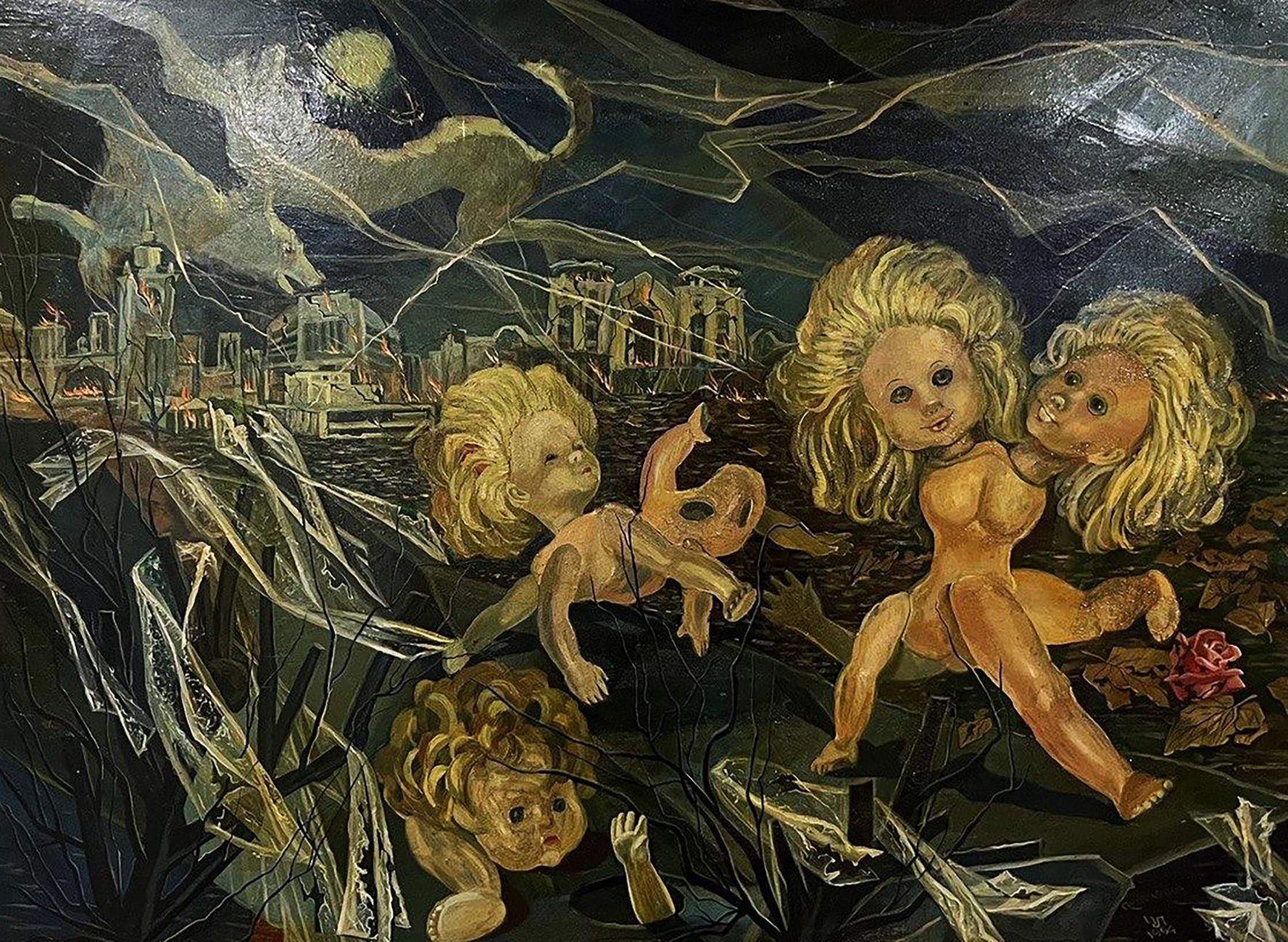 Psychedelic Walk oil painting by Leonid Ilyinsky: surreal blonde dolls in ruins