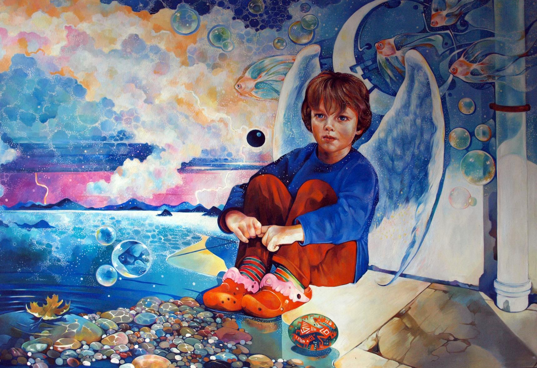 Oil painting Dreamer by Konsta G. Amelinn: boy with reddish-brown hair in blue shirt