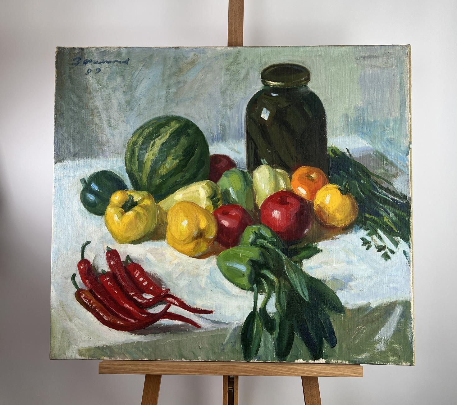 Oil painting On the dining table by Zinovy Filippov with vibrant fruits and vegetables