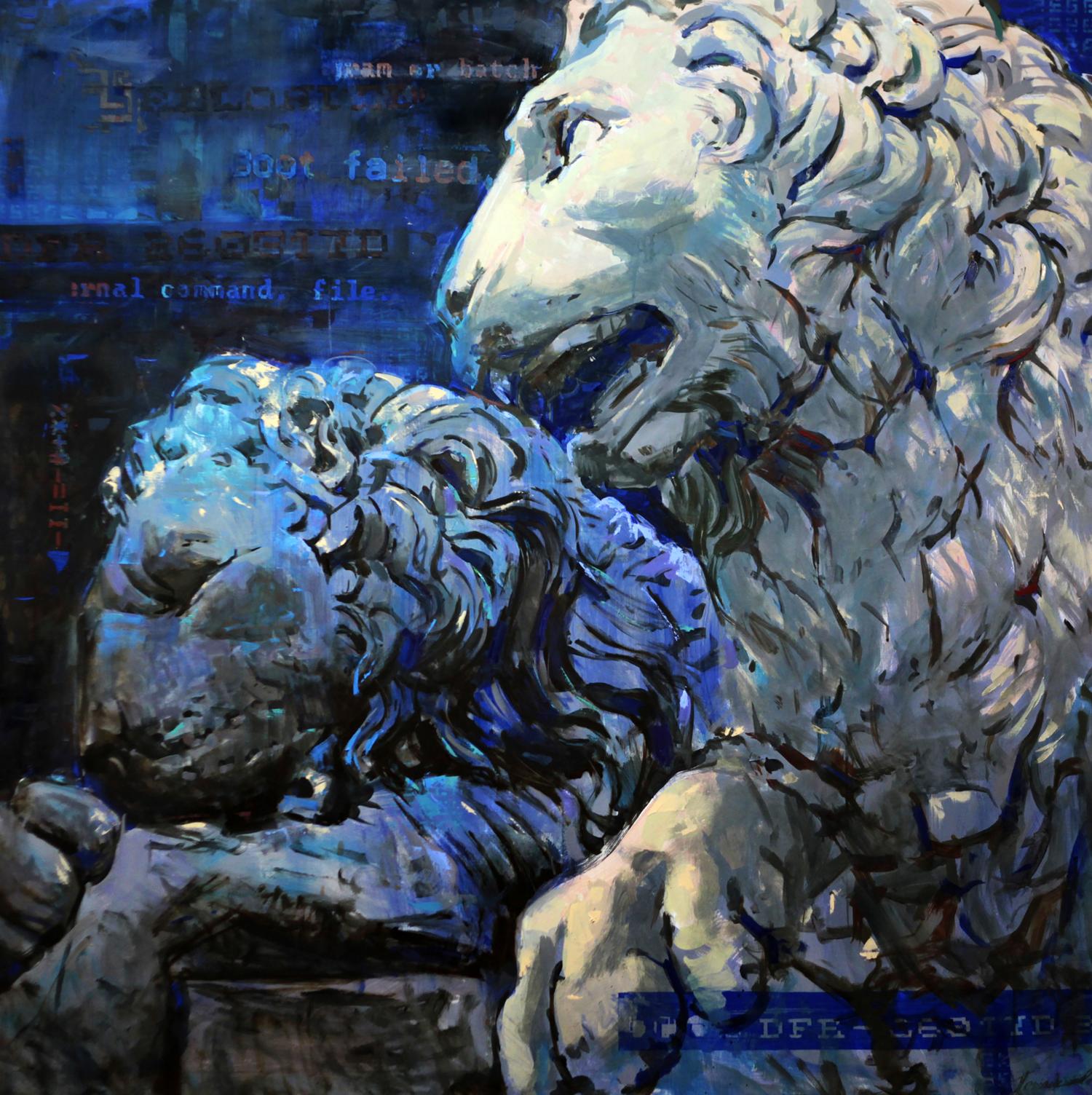 Textured blue-toned stone lion oil painting by Guards Ed Potapenkov