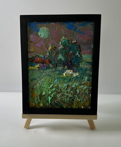 Oil painting The moon shines over the field by Oleksiy Ivanyuk moonlit landscape