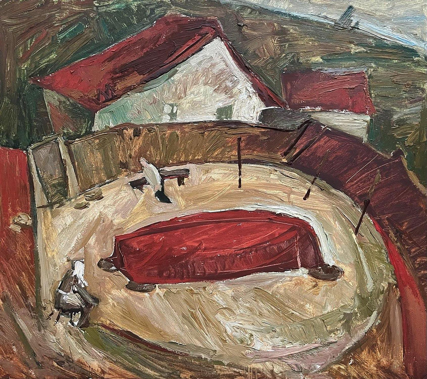 Oil painting of red-roofed bullring by Oleksandr Andreev