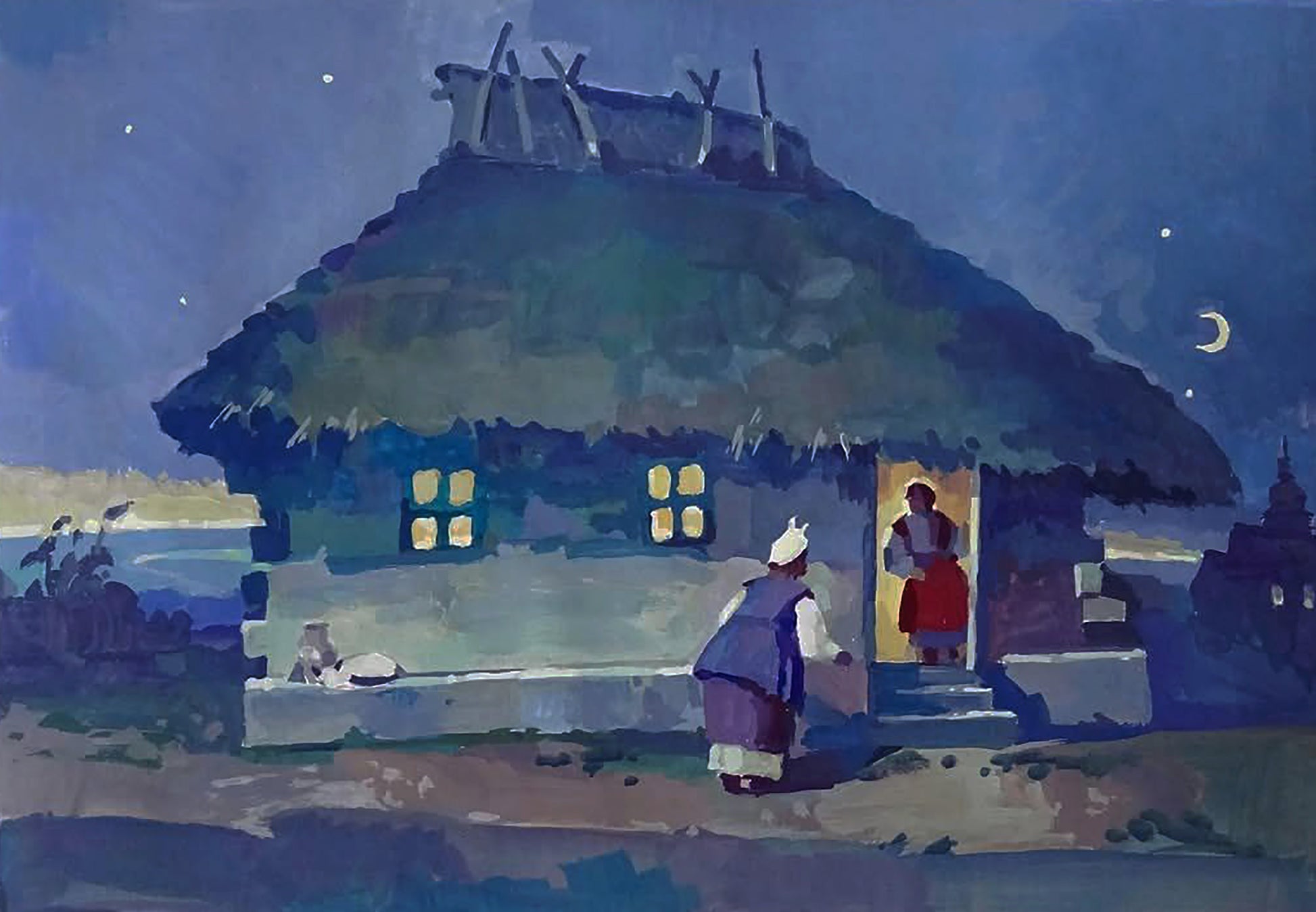 Gouache painting August Twilight by Anastasia Yaroshevich: rustic thatched cottage at night