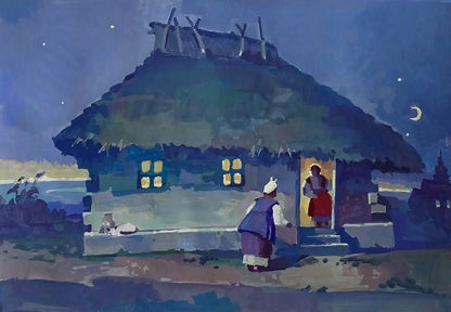 Gouache painting August Twilight by Anastasia Yaroshevich: rustic thatched cottage at night
