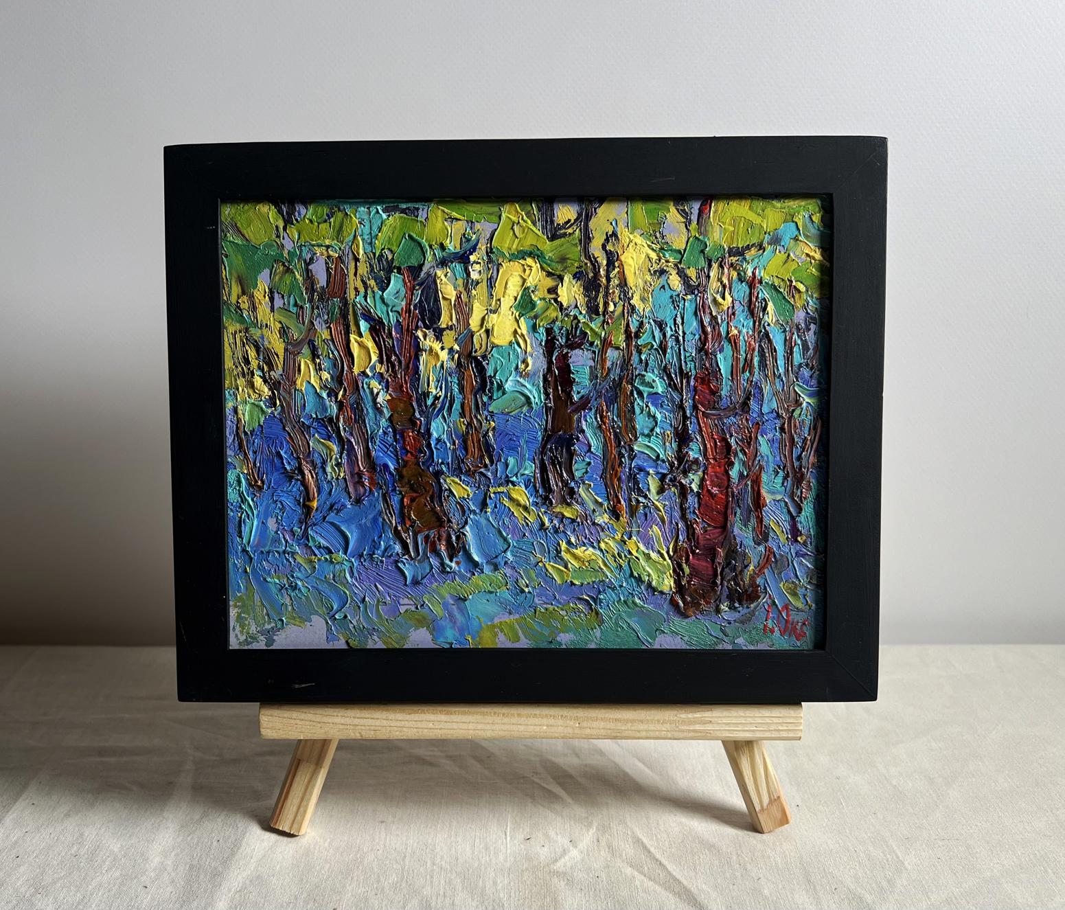 Vibrant impressionist oil painting A walk through the morning forest by Oksana Ivanyuk in black frame