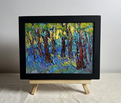 Vibrant impressionist oil painting A walk through the morning forest by Oksana Ivanyuk in black frame