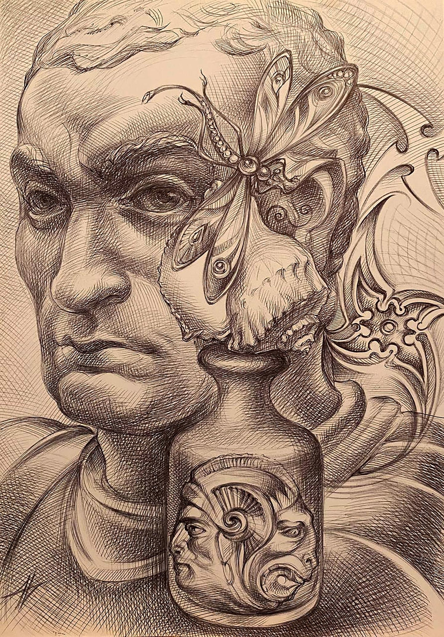 Detailed pencil sketch of thoughtful Natalia Bulat portrait with butterfly