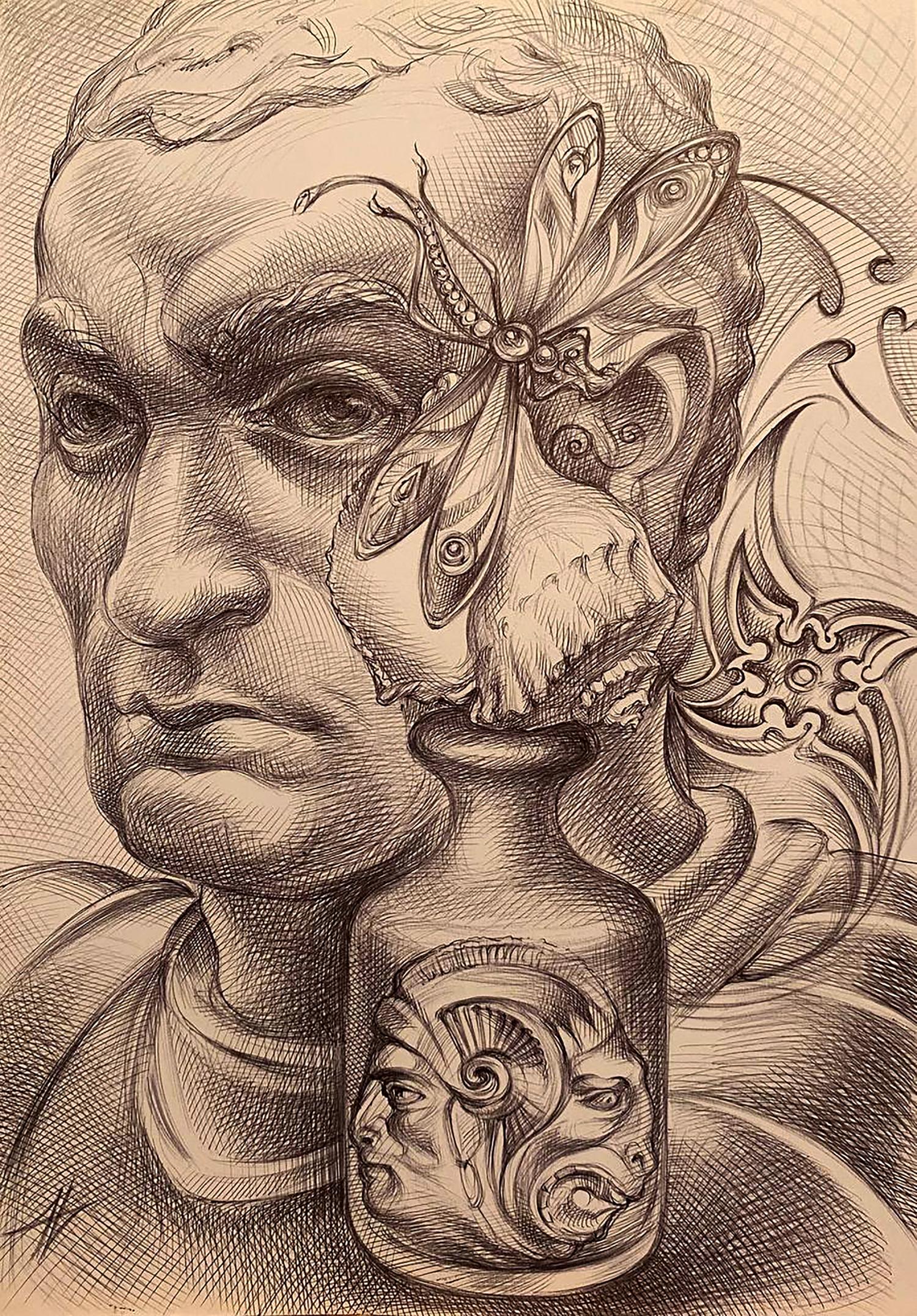Detailed pencil sketch of thoughtful Natalia Bulat portrait with butterfly