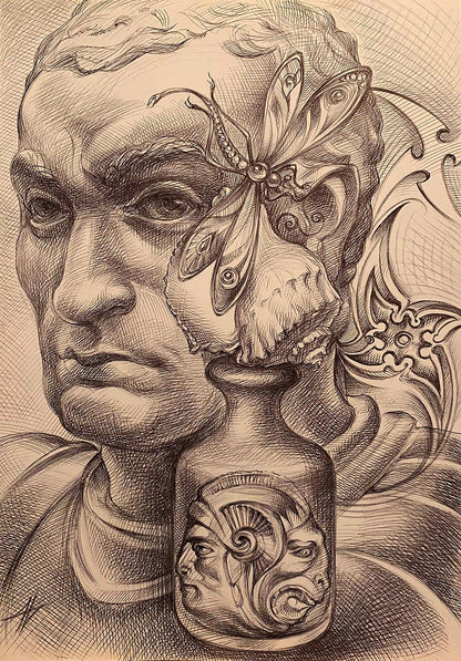 Detailed pencil sketch of thoughtful Natalia Bulat portrait with butterfly