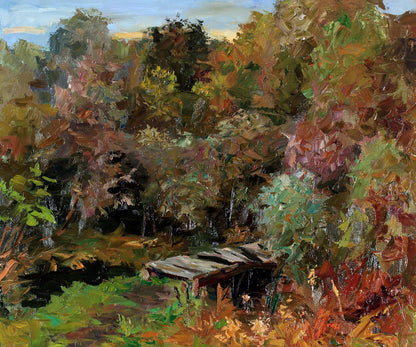 Oil painting by Boris Serdyuk: rustic wooden bridge over stream in autumn foliage