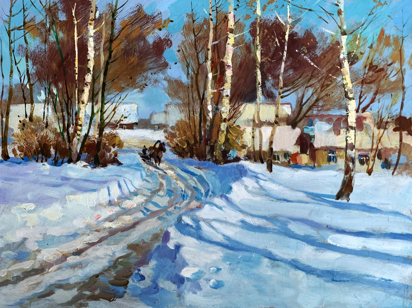 Oil painting Sunny winter day by Yuriy Suprunchuk: snowy birch path to houses