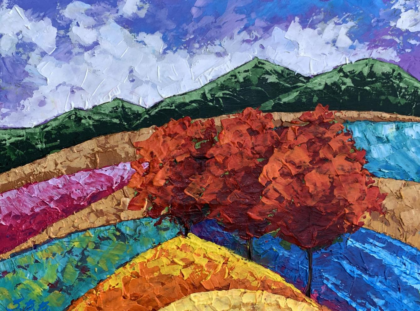 Vibrant acrylic painting of three fiery red trees and green hills by V. Zadorozhnya