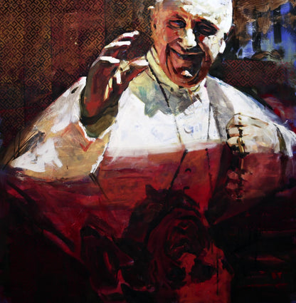 Oil painting Ablution Ed Potapenkov: vibrant Pope Francis in papal robe with rosary