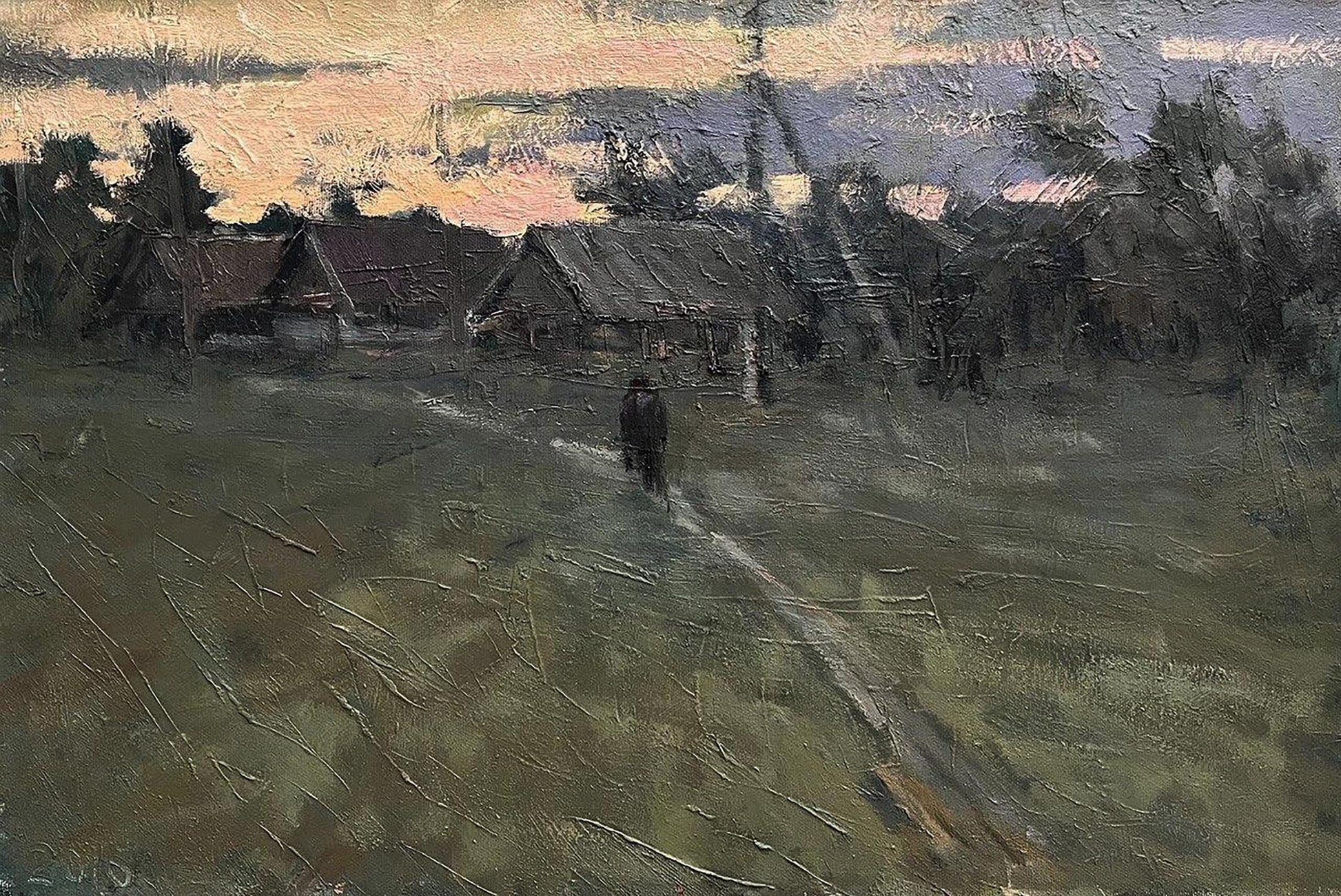 Oil painting Cold September by Volodymyr Pashchenko: rural village at dusk