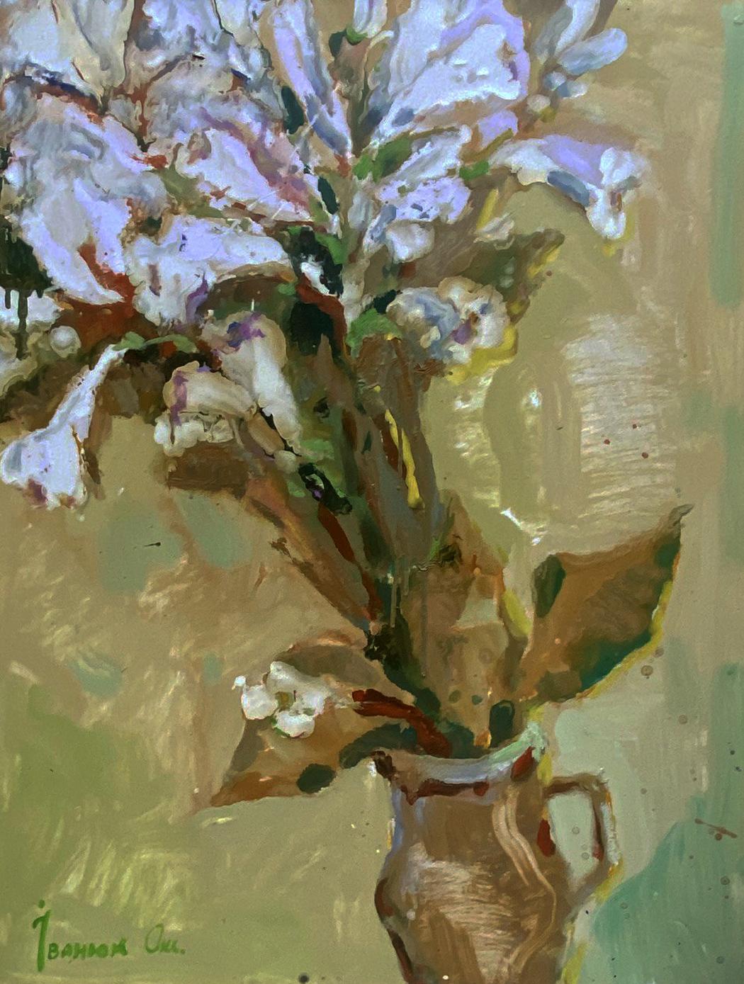 Oil painting Flowers in a jar by Oksana Ivanyuk: terracotta pitcher with white lavender bouquet