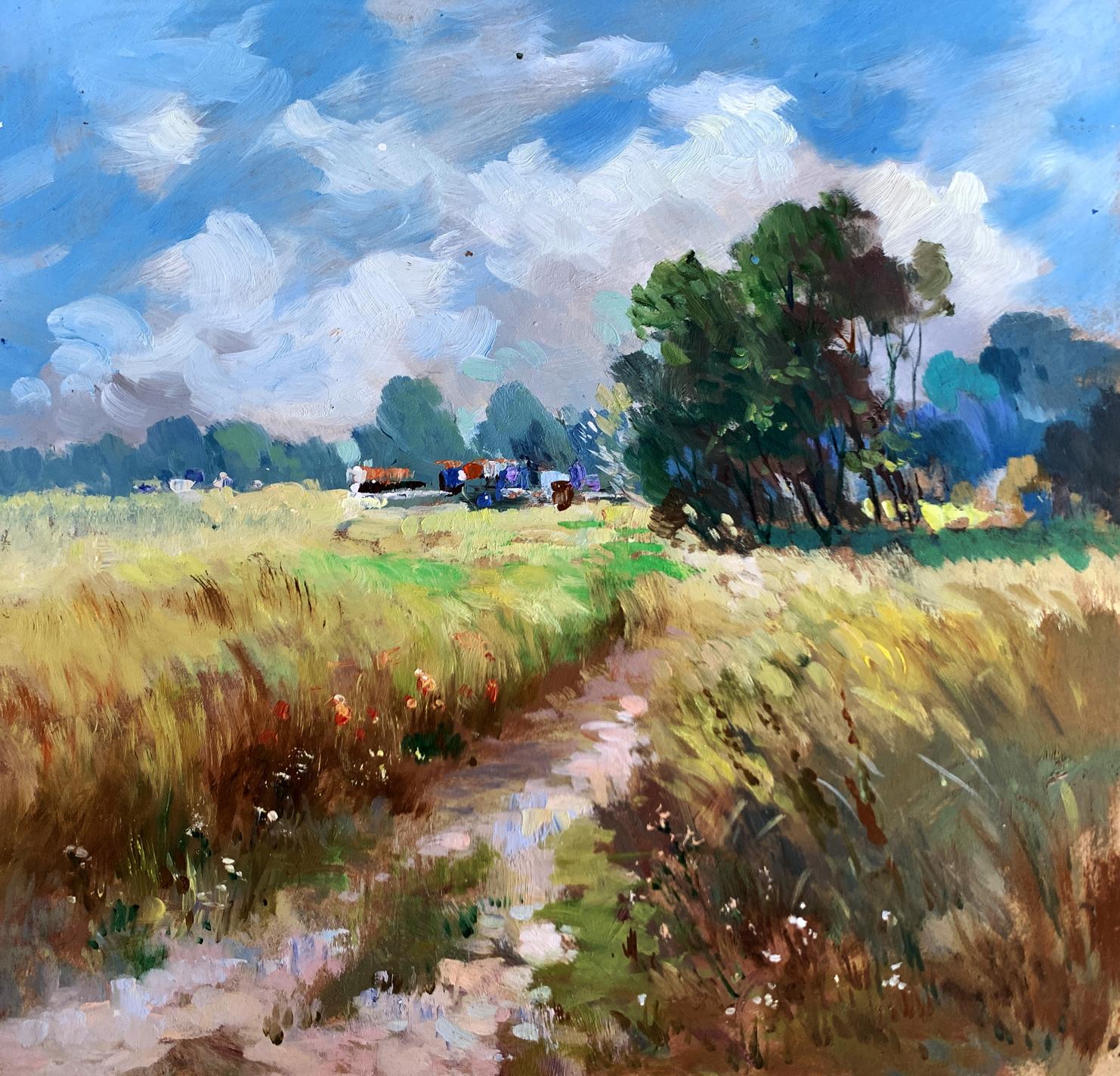 Vibrant oil painting Wheat Field by Yuriy Suprunchuk, sunlit grasses and path