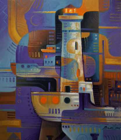 Oil painting of lighthouse and ships by Sergiy Voichenko in purple cityscape