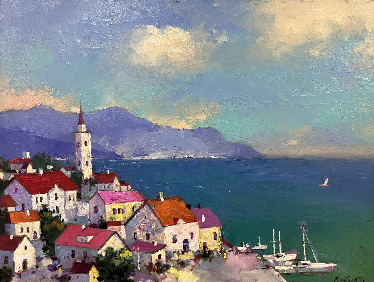 Oil painting of vibrant resort town by Serhiy Rybak with sea