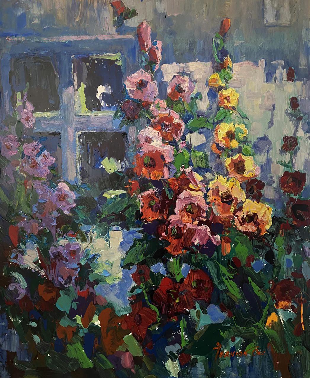 Vibrant Blooming Garden oil painting by Oksana Ivanyuk with pink floral blossoms