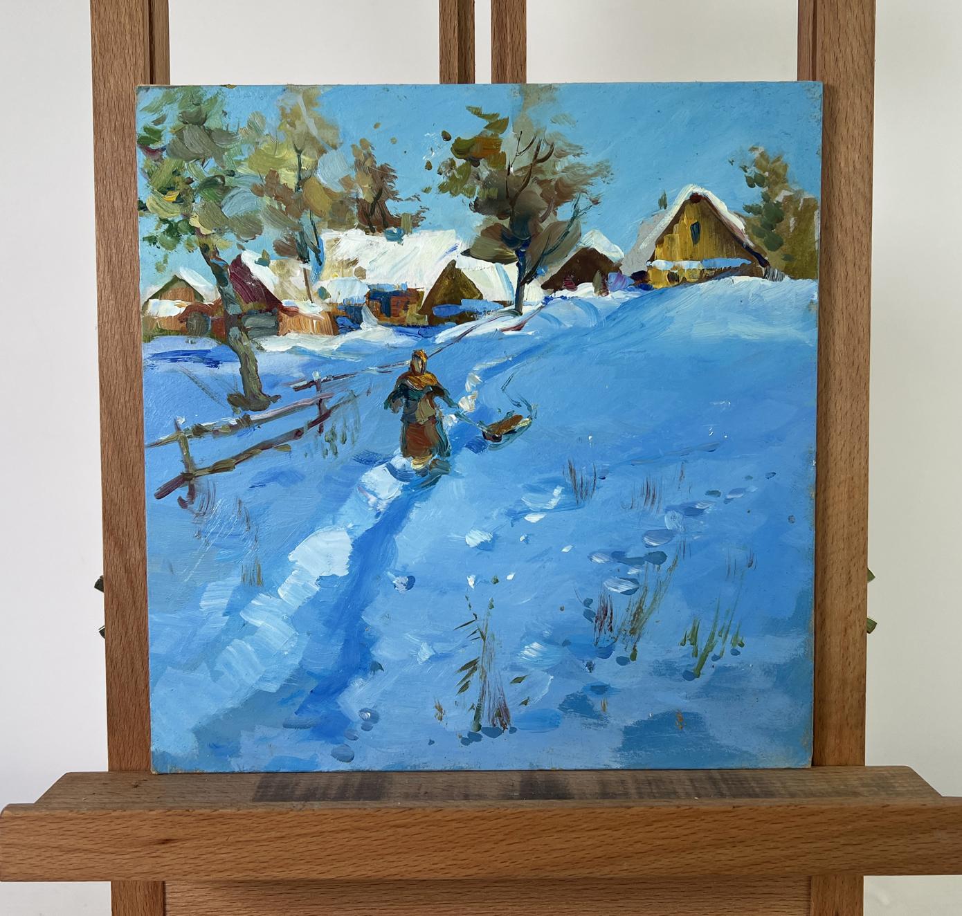 Oil painting Winters Evening Tale by Yuriy Suprunchuk vibrant blue winter village sled scene