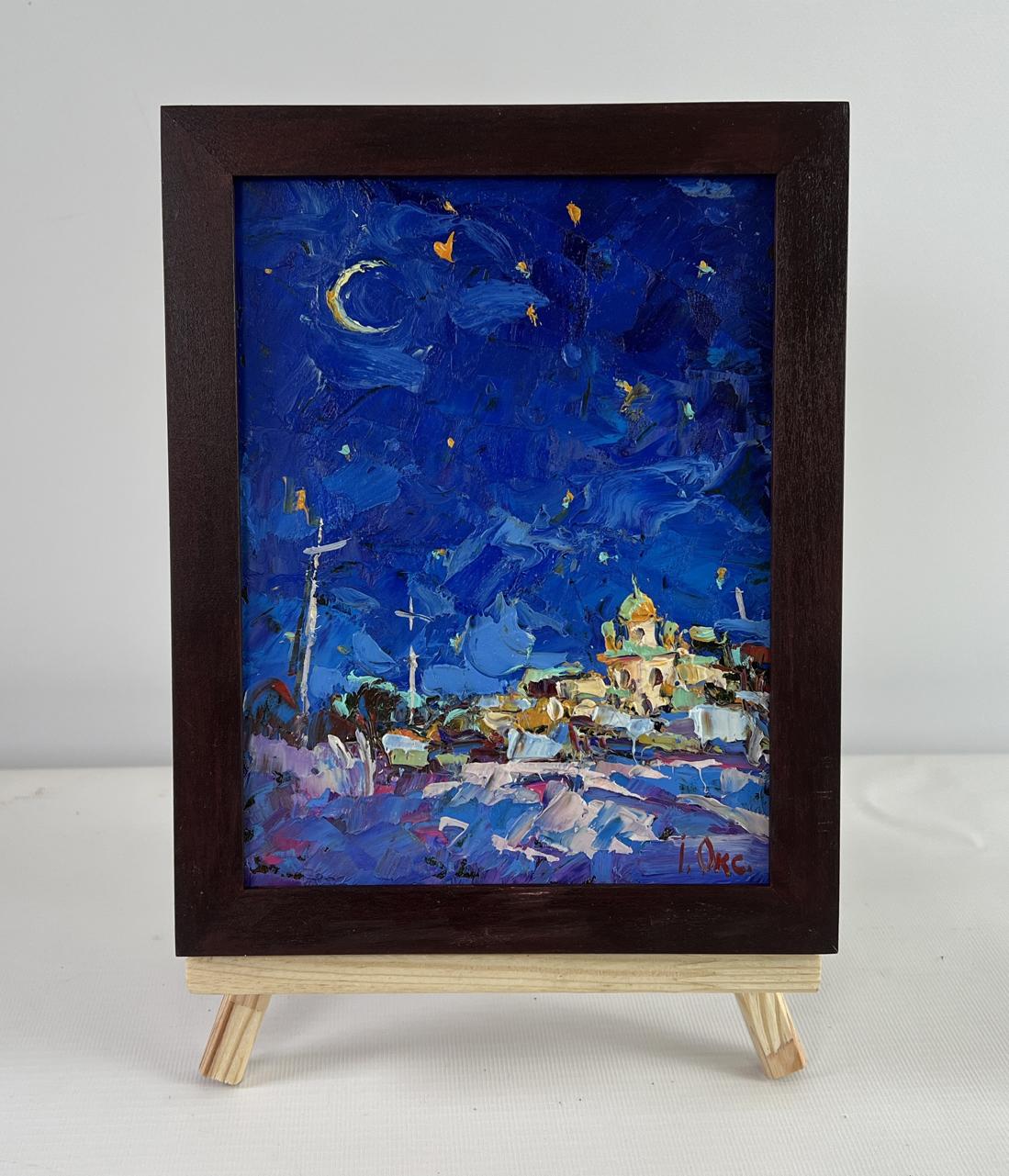 Oil painting Moonlit night over the city Oksana Ivanyuk starry village scene