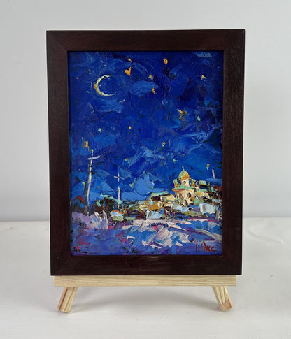 Oil painting Moonlit night over the city Oksana Ivanyuk starry village scene