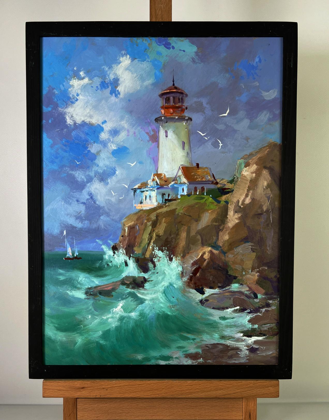 Oil painting of white lighthouse on rocks by Yuriy Suprunchuk