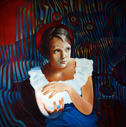 Oil painting Paramatma Konsta G. Amelinn: girl with glowing orb in surreal swirls