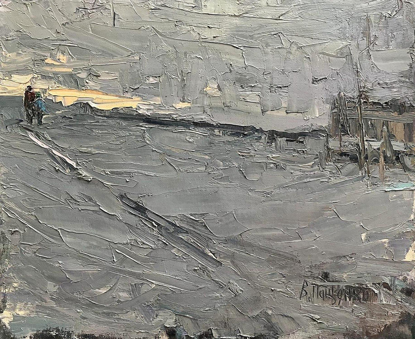 Oil painting Snowy road by Volodymyr Pashchenko, textured impasto landscape