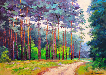 Vibrant impressionist oil painting of forest path by Boris Serdyuk