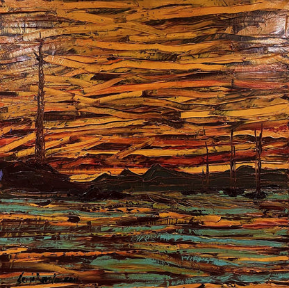 Oil painting Reflexo by Serhiy Kovalev: abstract orange sky over dark trees
