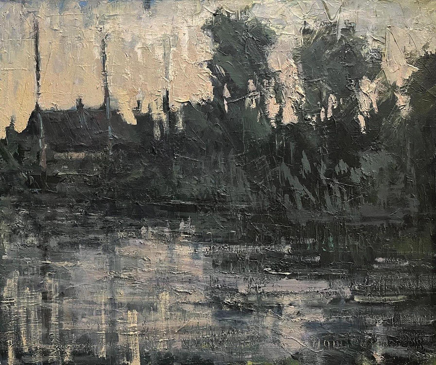 Oil painting Village River by Volodymyr Pashchenko: abstract trees in water