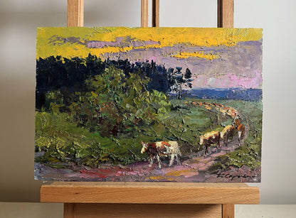 Oil painting The cows are going home by Boris Serdyuk pastoral scene