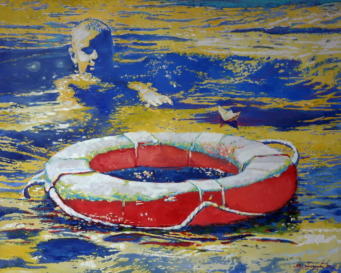 Oil painting Lifebuoy in the sea Anatoly Varvarov