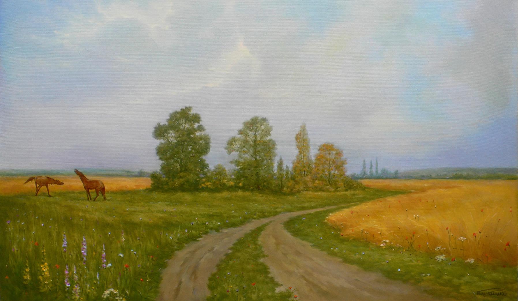 Serene oil painting of two brown horses grazing in golden field under cloudy sky by Vasily Korkishko