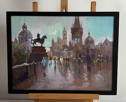 Framed oil painting of Yuriy Suprunchuks rainy citys central square