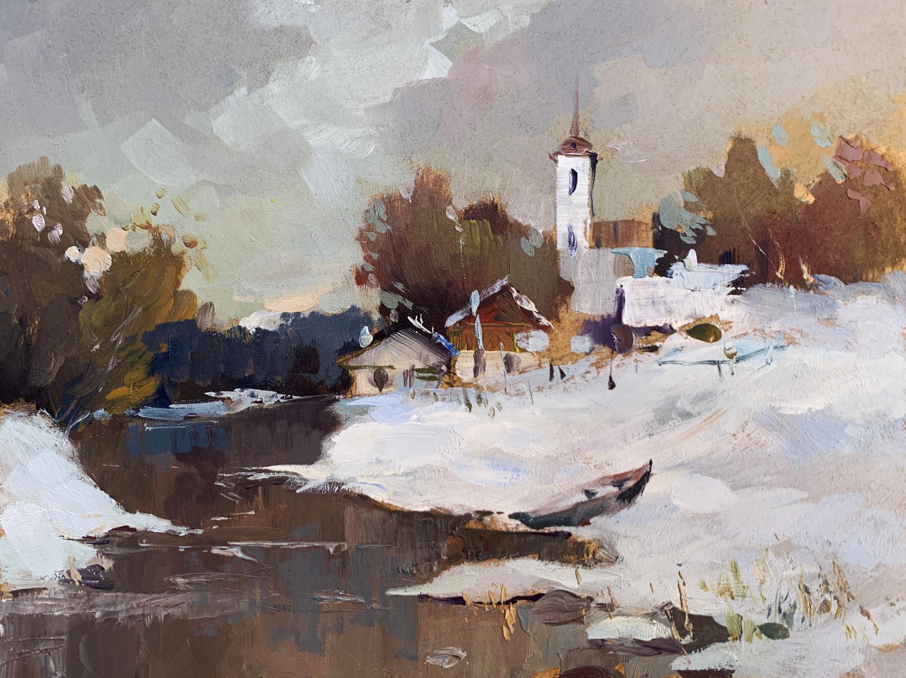 Impressionistic oil painting of snowy village with church steeple by Yuriy Suprunchuk