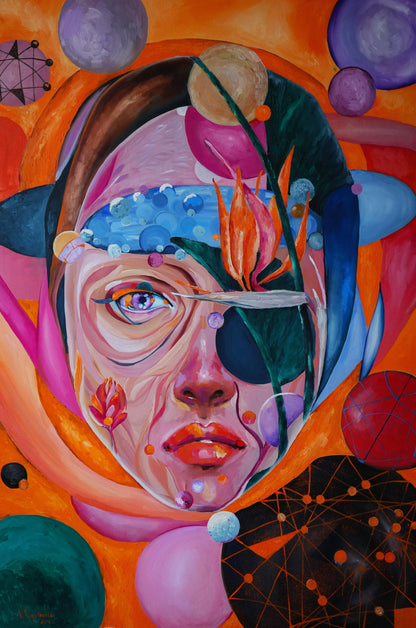 Vibrant Microcosm oil painting by Victoria Kagalovska, stylized face