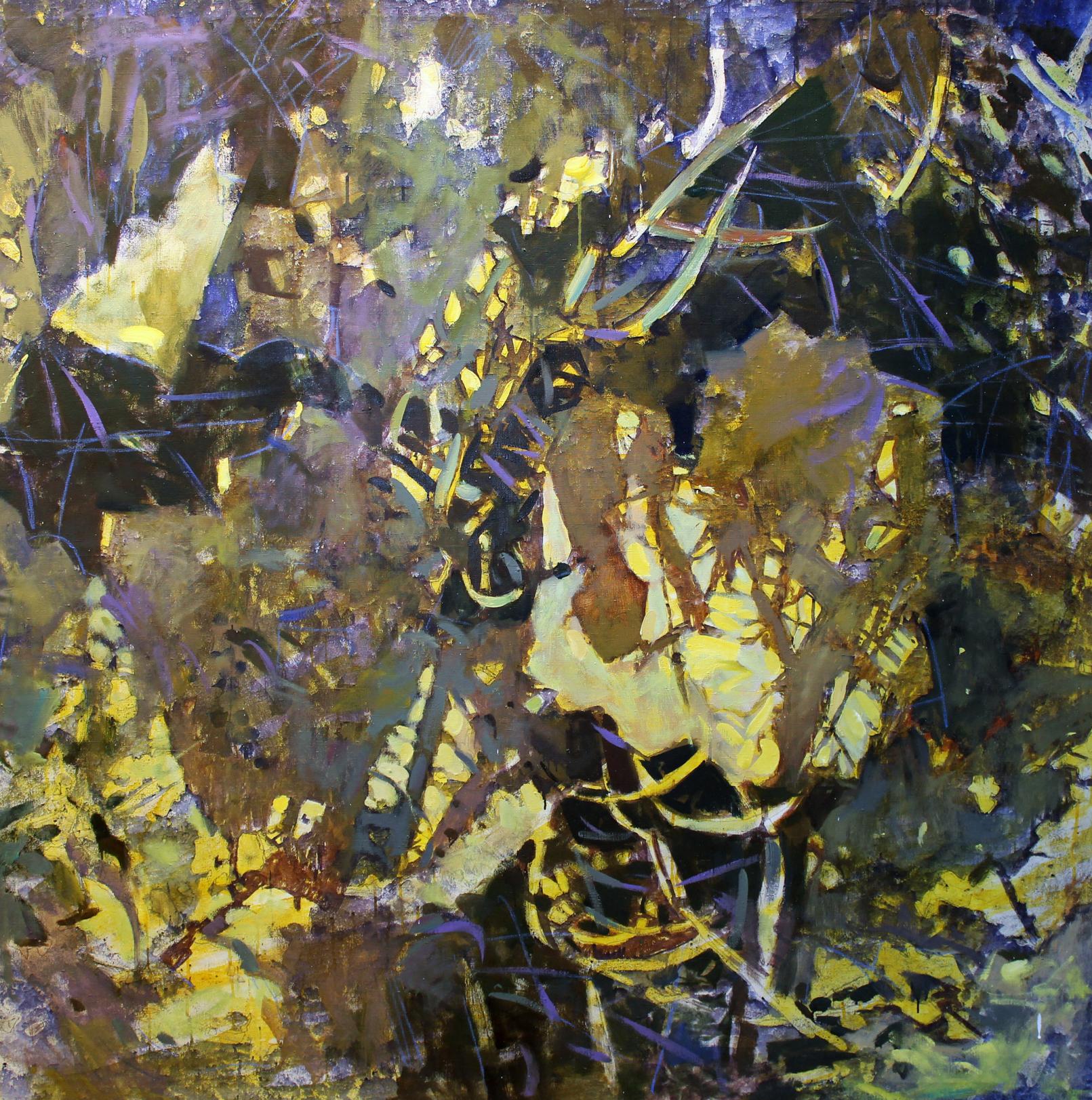 Oil painting Grass Ed Potapenkov: abstract yellow, gold, purple strokes on dark background