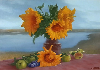 Oil painting of Vasily Korkishko sunflower bouquet in rustic vase