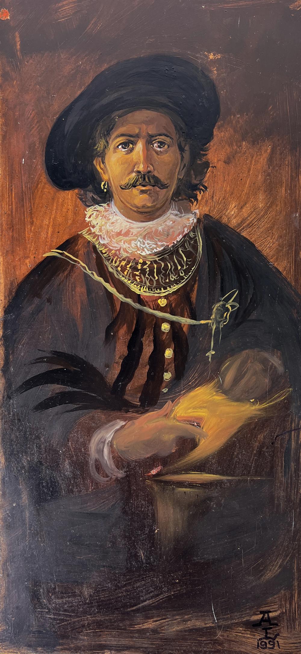 Oil painting of mustached man Alexander Litvinov in dark ornate wide-brim hat