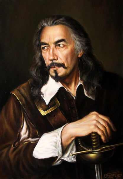 Oil painting self-portrait by Valeriy Bulat of man with long dark hair