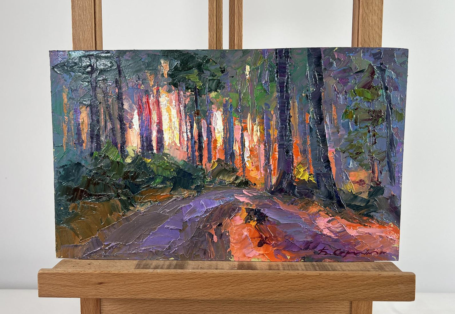 Vibrant oil painting of forest path at summer sunrise by Boris Serdyuk