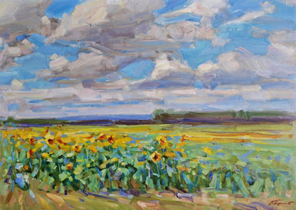 Vibrant yellow sunflowers oil painting by Pereta Vyacheslav in lush field