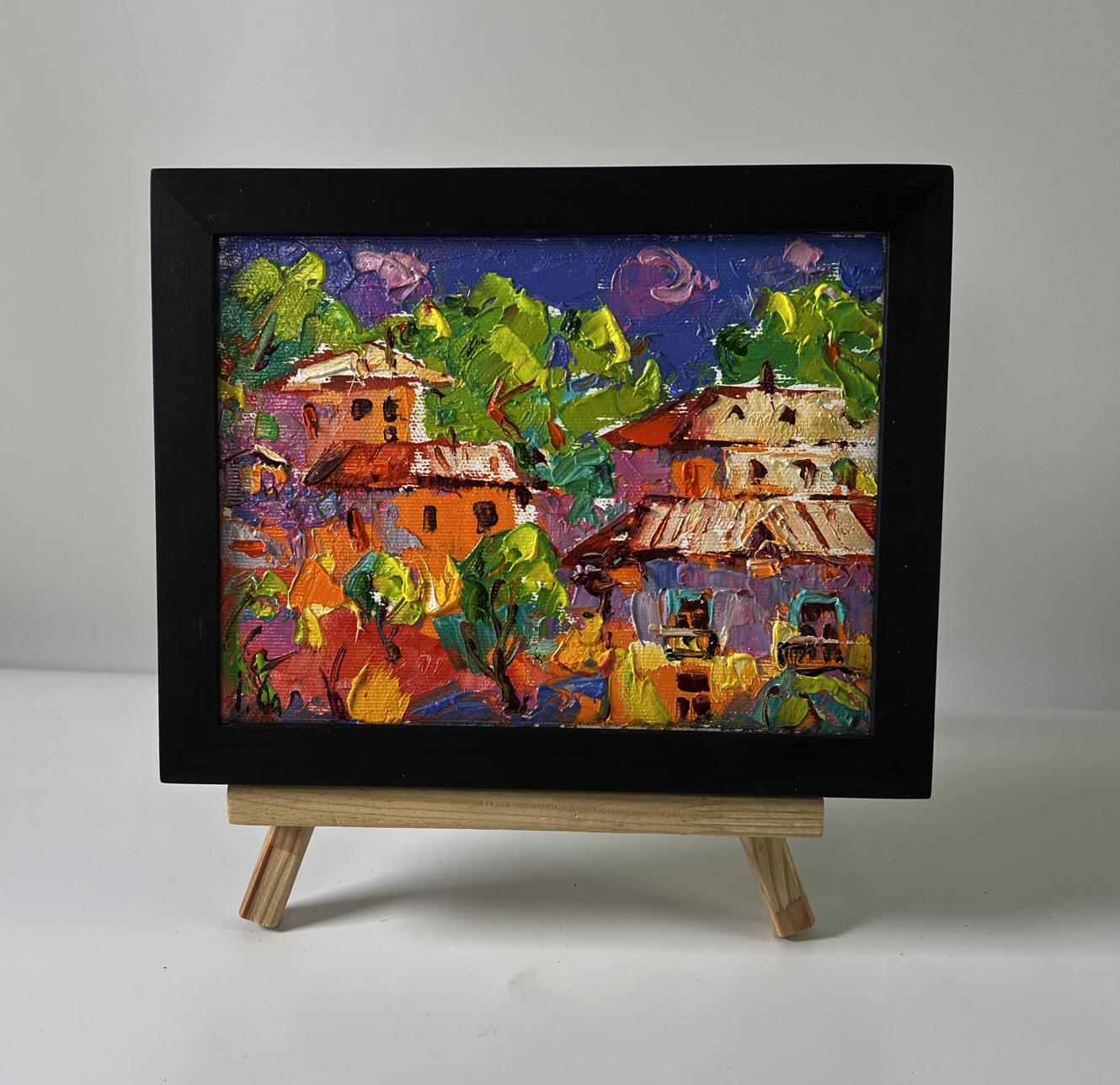 Oil painting Summer village at night by Oleksiy Ivanyuk in black frame