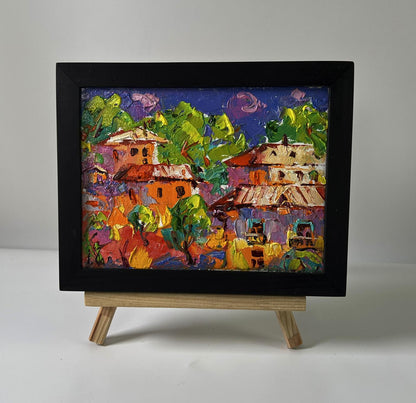 Oil painting Summer village at night by Oleksiy Ivanyuk in black frame